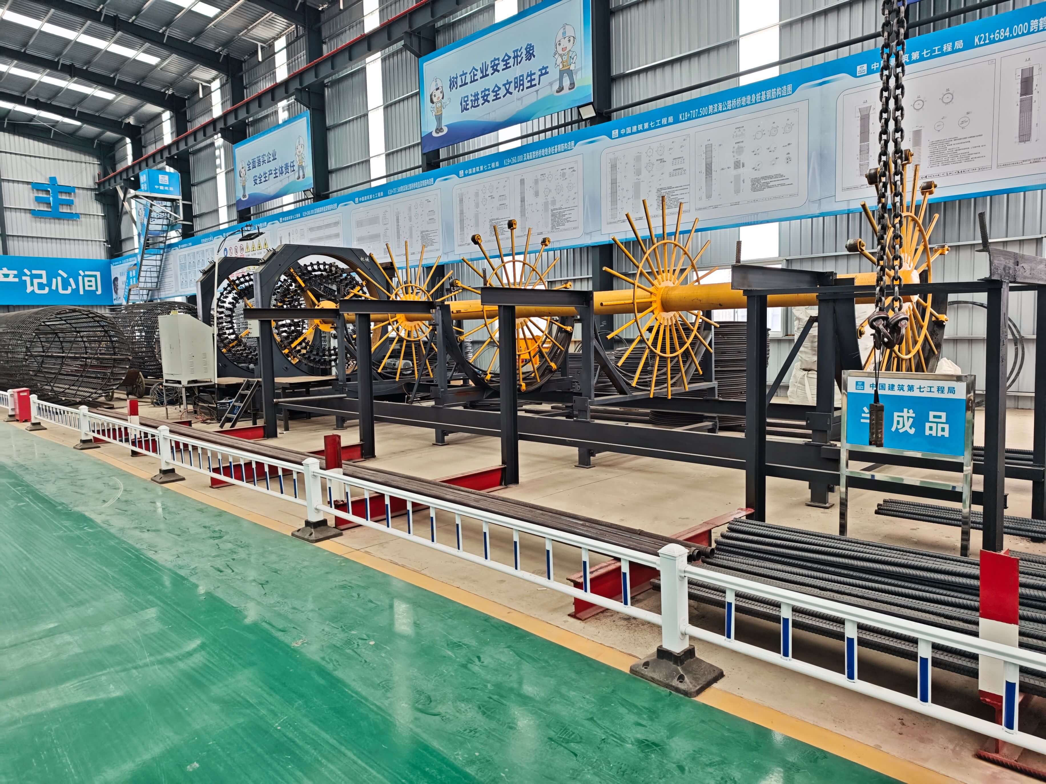 Steel reinforcement cage rolling welder in operation