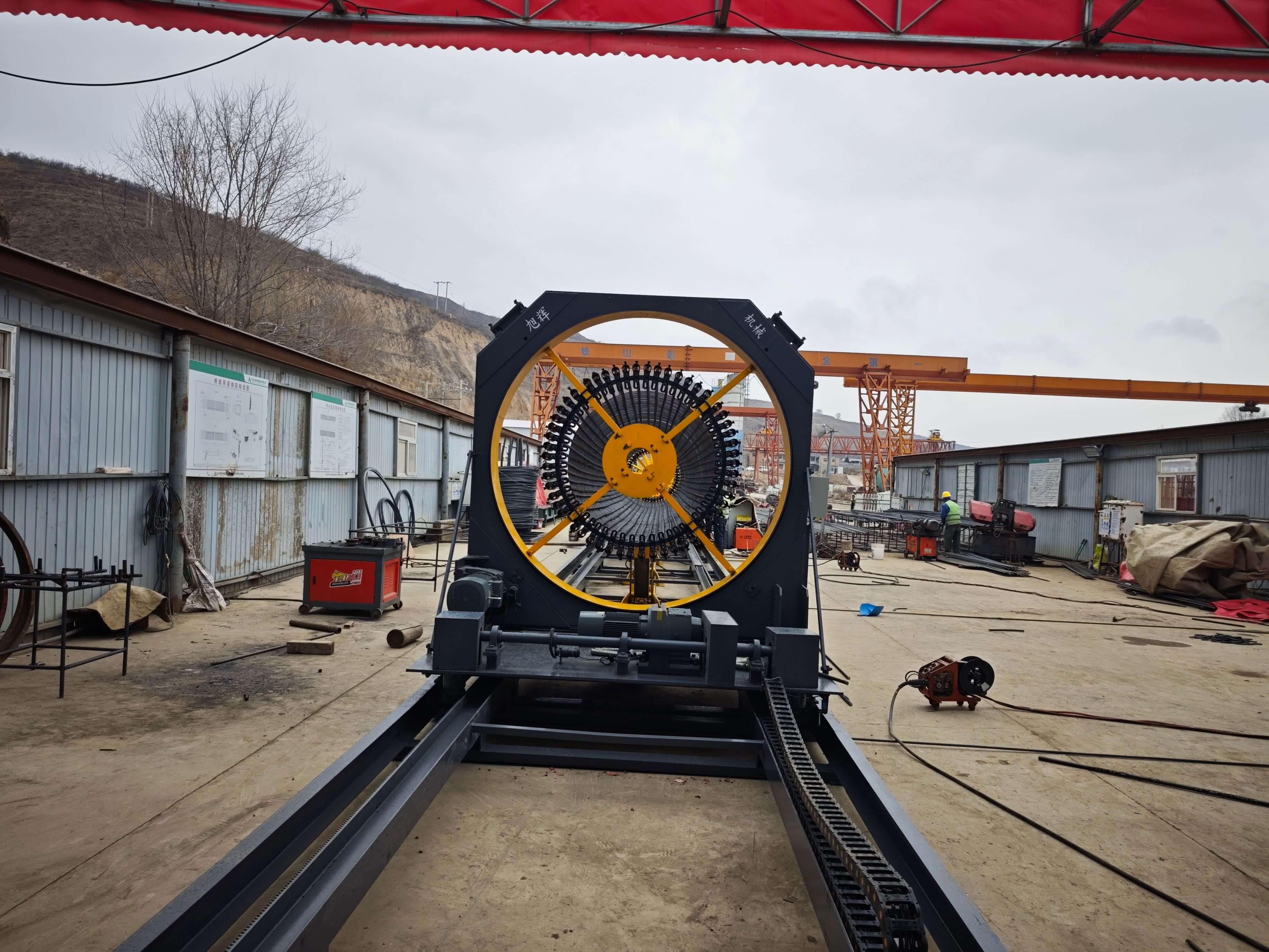 Pile foundation steel cage rolling machine in operation
