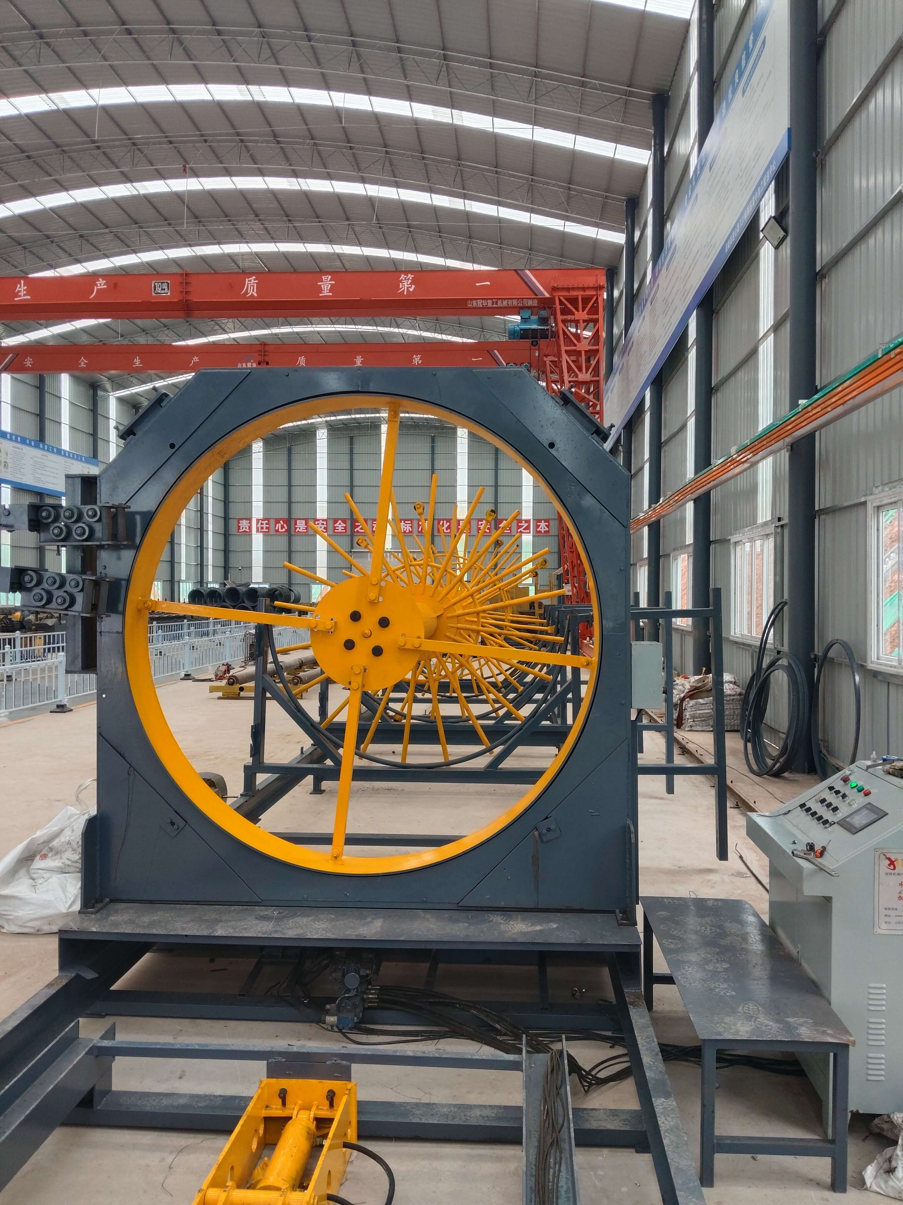 Rebar cage rolling machine in operation
