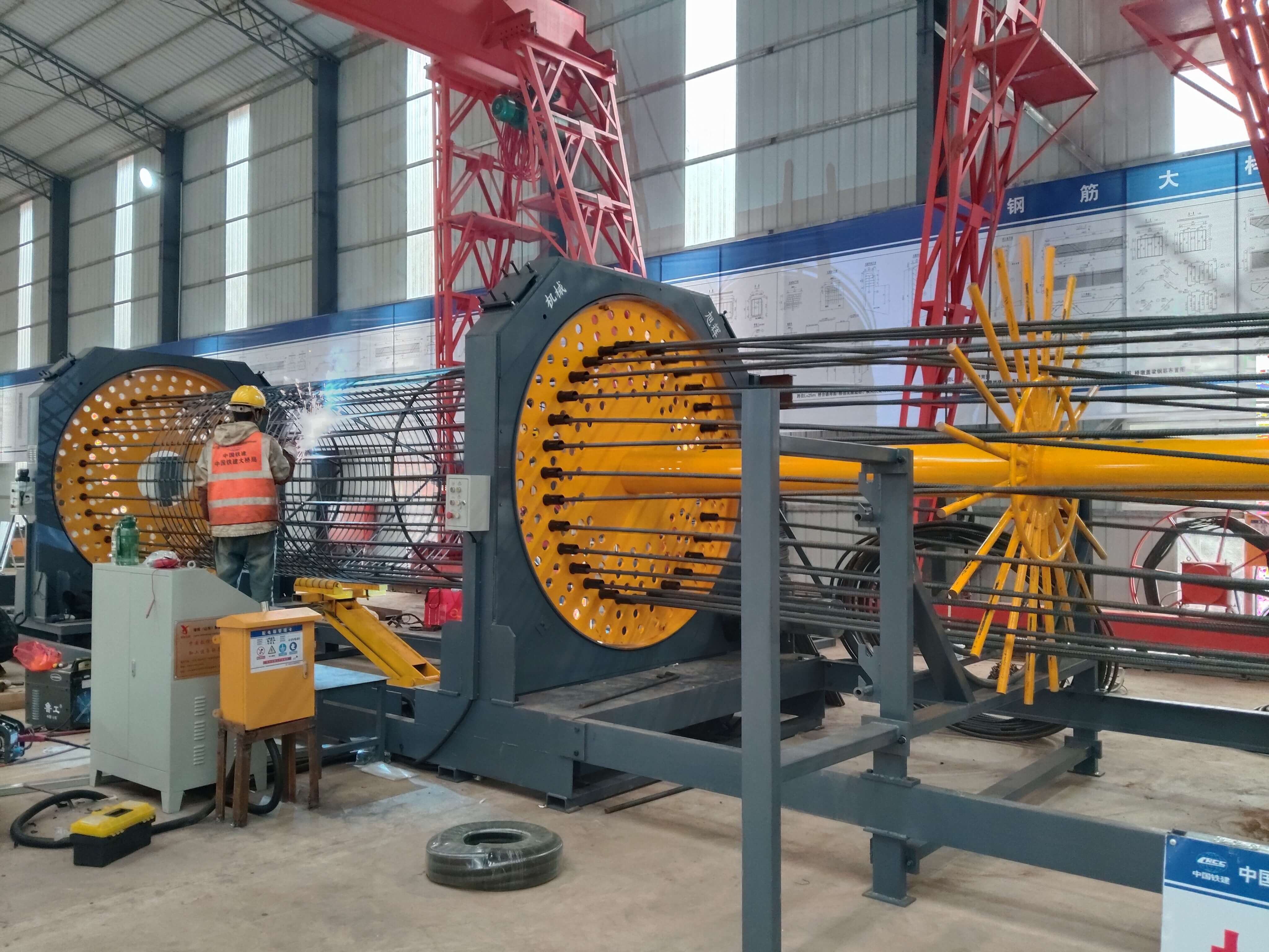 Reinforcing cage rolling machine in operation